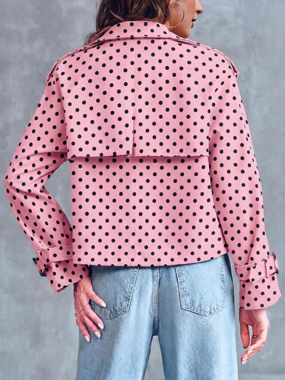 Women's Pink Polka Dots Cropped Raglan Sleeve Lapel Double Breasted Trench Coat - Picture 4 of 5
